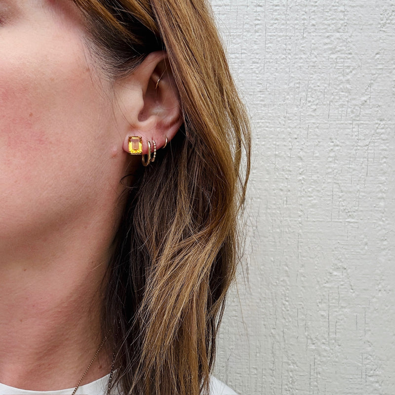 Golden Emerald Cut Citrine in Gold Stud Earrings