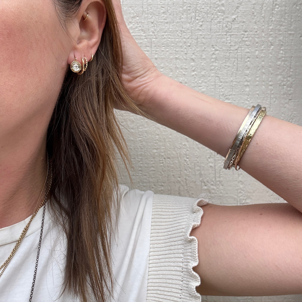 Diamond & Two-Tone Gold Hexagonal Art Deco Earbobs