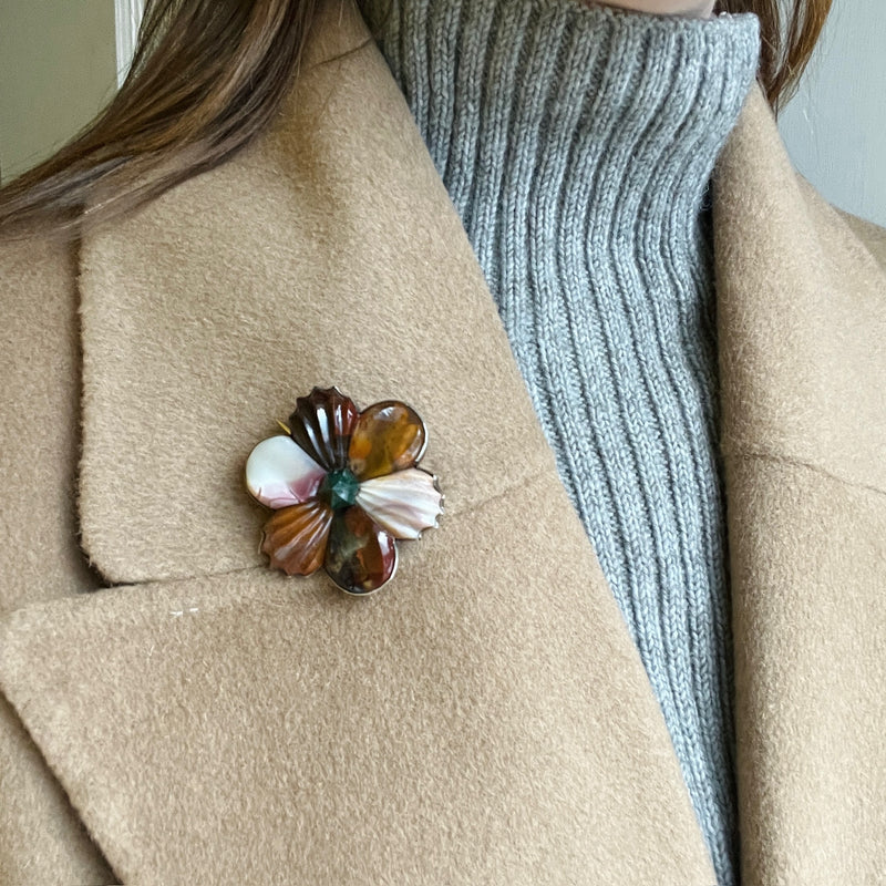 Scottish Flower Pebble Brooch with Carved Agate Petals