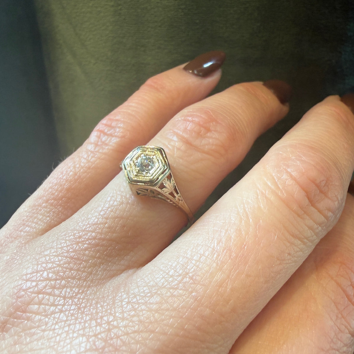 Pale Yellow Gold Foliate Motif Diamond Solitaire