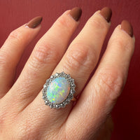 Antique Opal in Old Mine Cut Diamond Halo Ring