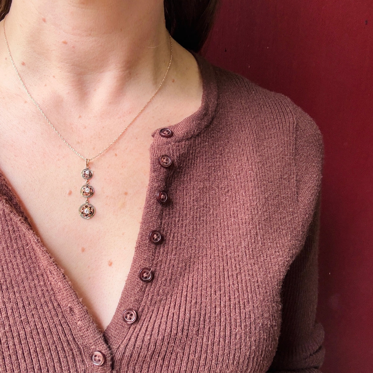 Three Flowers 10k Gold & Diamond Lavalier Necklace