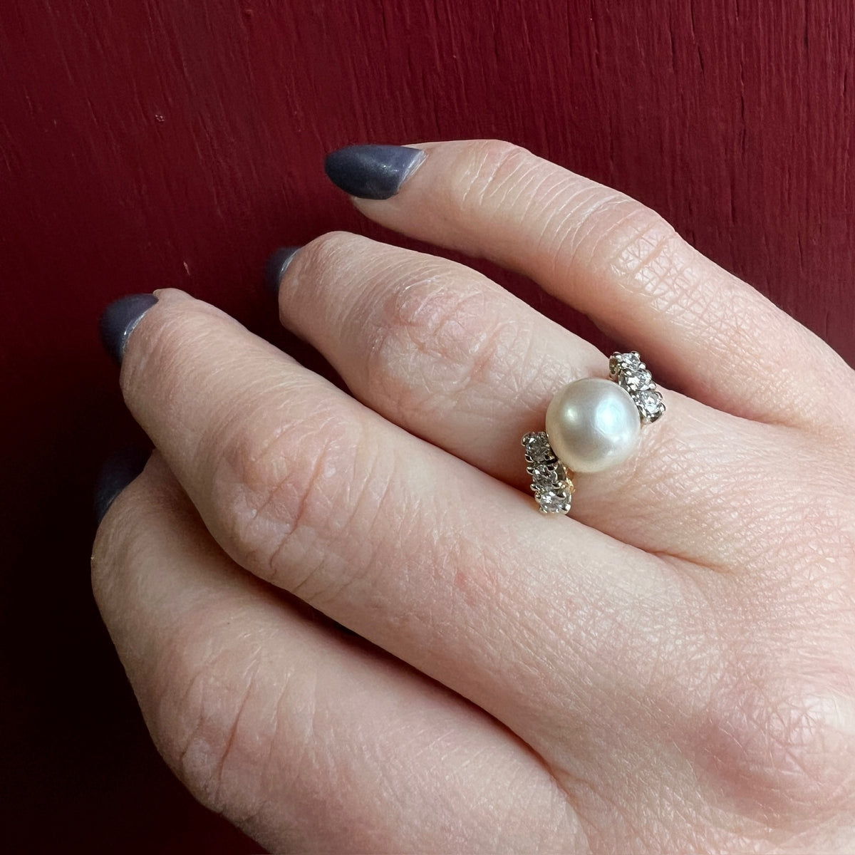 Vivacious Mid-Century Diamond & Pearl Bypass Ring