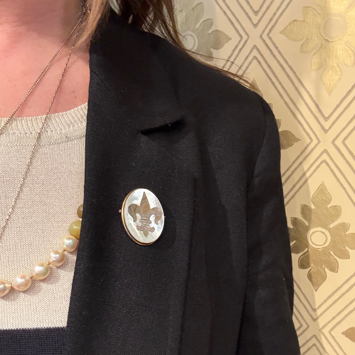 Shimmering Shell Inlay Fleur de Lis Brooch