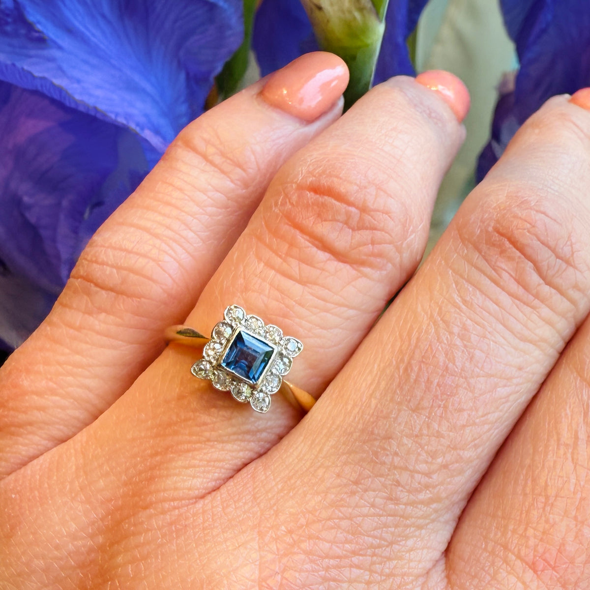 English Sapphire & Diamond Picture Frame Ring