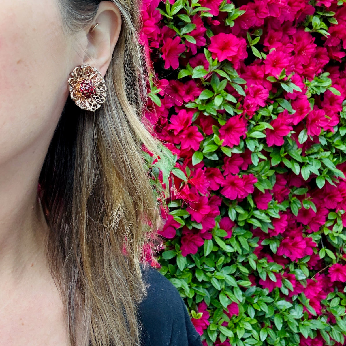 Lacy Sterling & Red Rhinestone Earrings by Coro