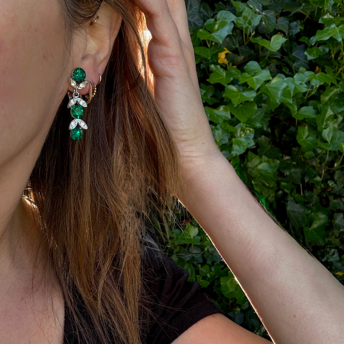 Dramatic Green Rhinestone Drop Earrings by Lisner