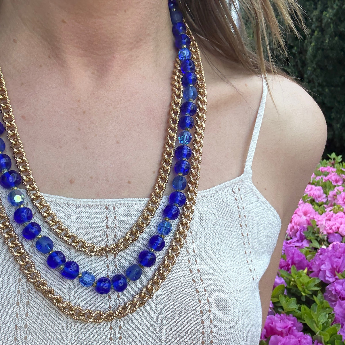 Blue Beads & Blossoms Necklace Signed Original by Robert