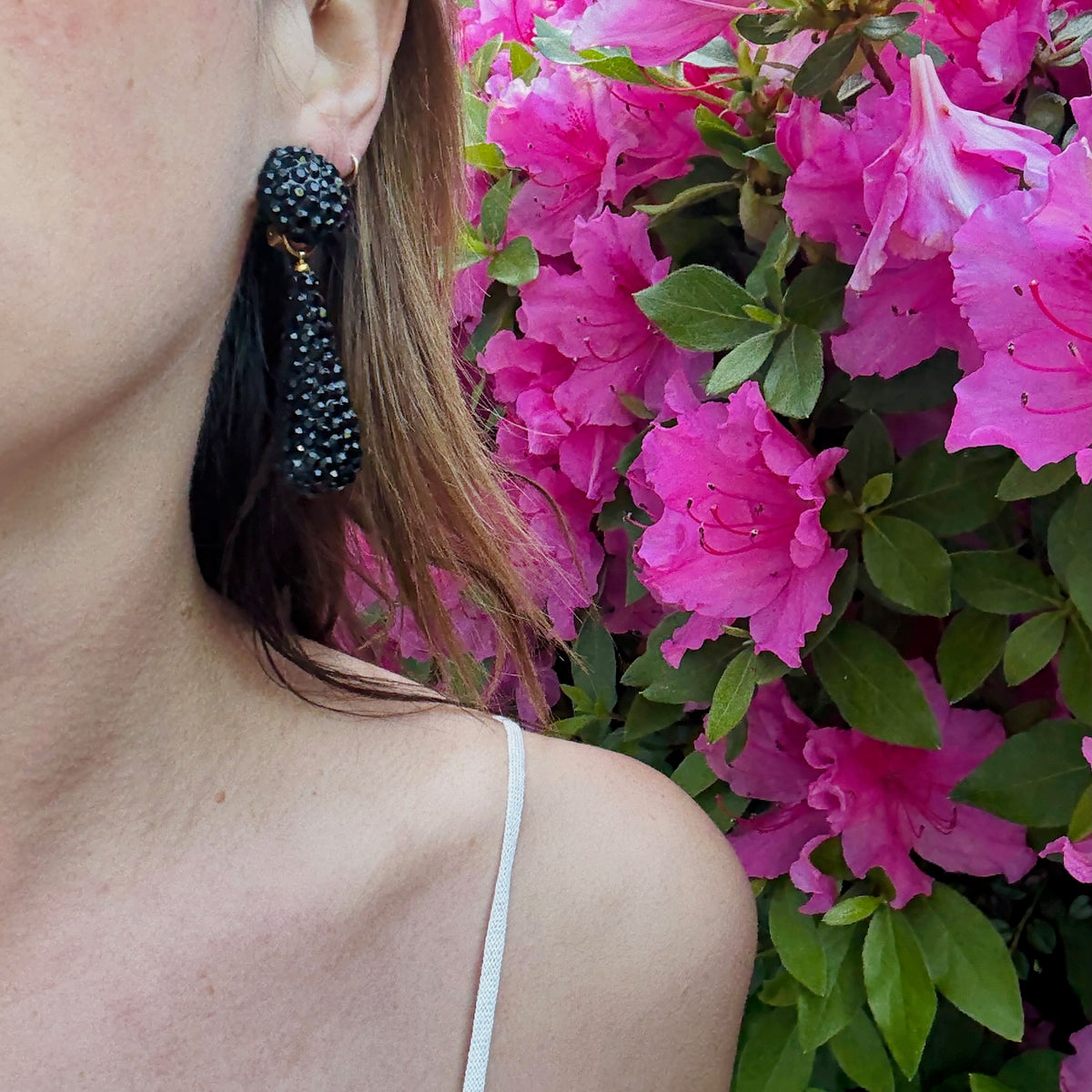 Black Rhinestone Pendulum Earrings by Richard Kerr