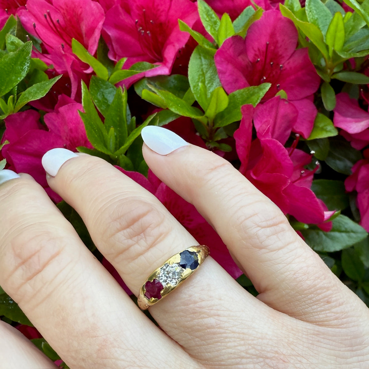 Unique French 22k Gold Band with Old Mine Cut Diamond & Gems