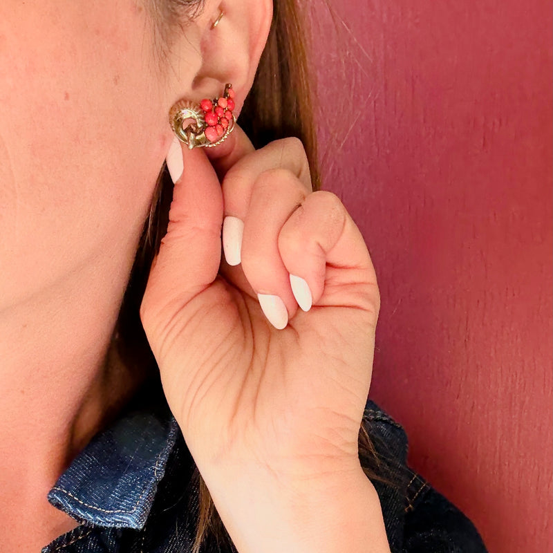 Faux Coral & Sterling Scimitar Earrings by Boucher