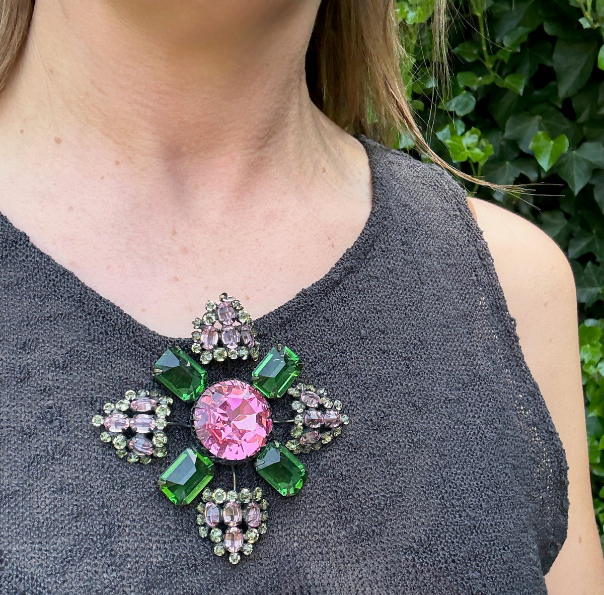 Dramatic Pink & Green Unsigned Shriener Brooch