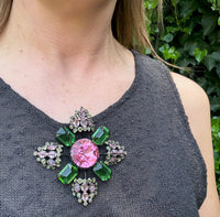 Dramatic Pink & Green Unsigned Shriener Brooch
