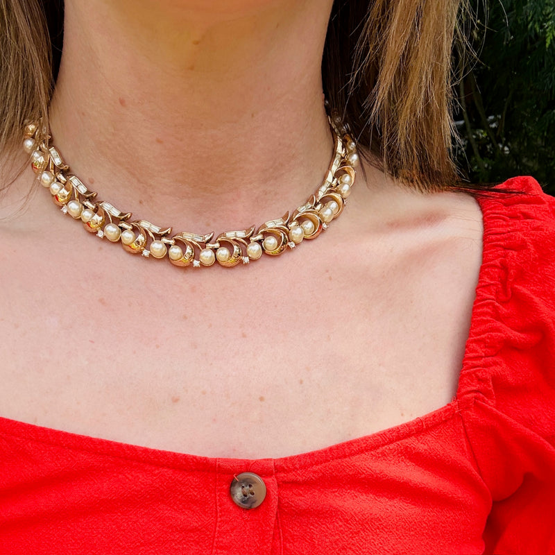 Glamorous Rhinestone & Faux Pearl Choker by Trifari