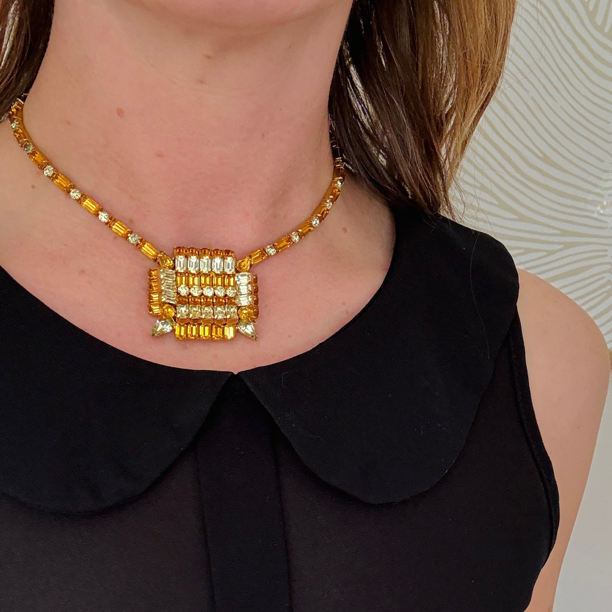Modernist Yellow & Orange Rhinestone Necklace by Kramer