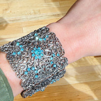 Wide Floral & Aqua Rhinestone Panel Bracelet