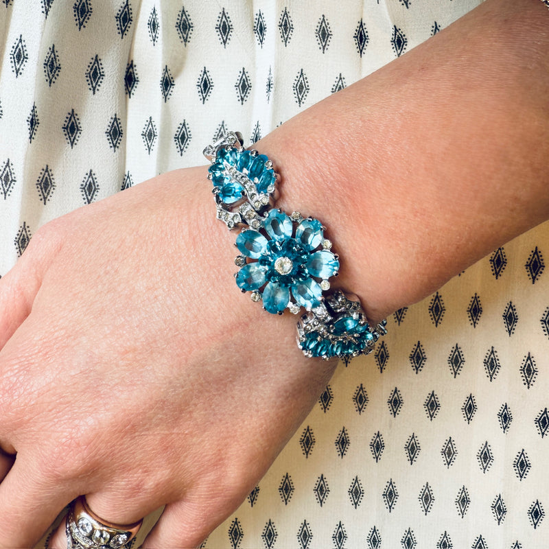Ice-Blue Rhinestone Leaf & Flower Bracelet by Mazer