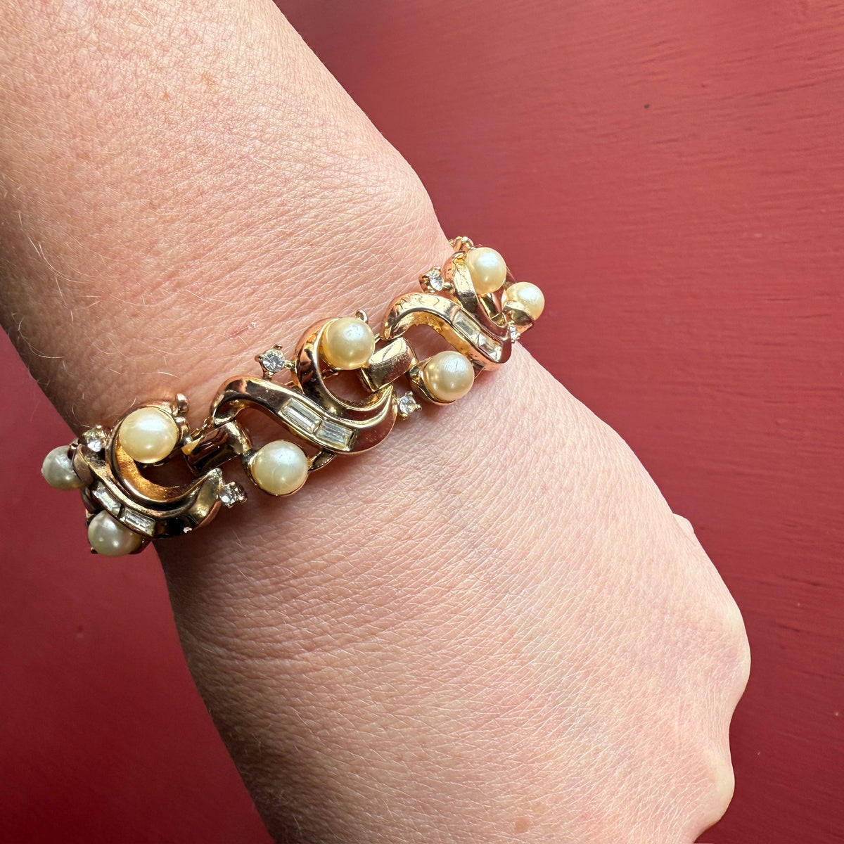 Glittering Baguette & Glossy Pearl Costume Bracelet by Trifari