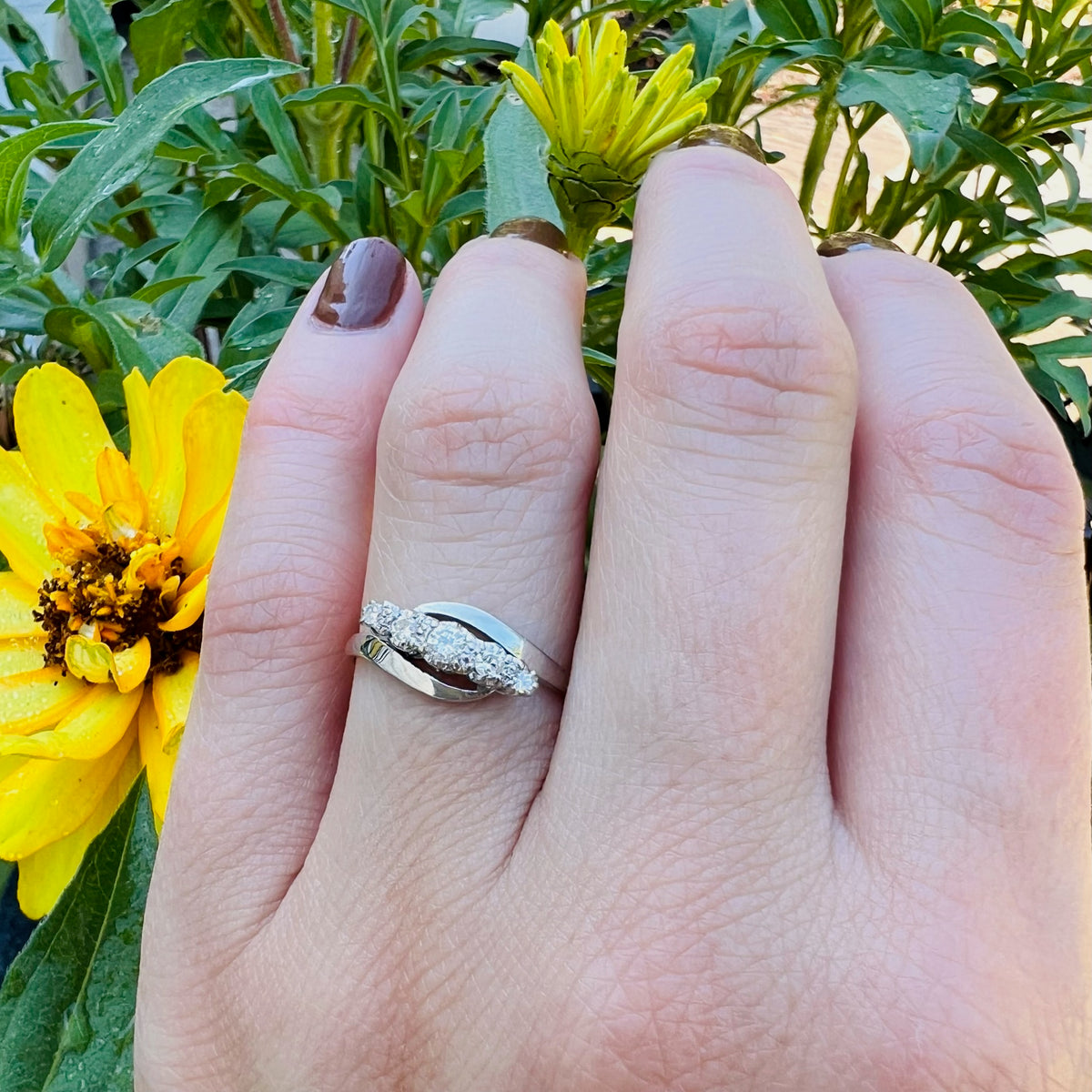 Five Diamonds in Platinum & 18ct Bypass Ring