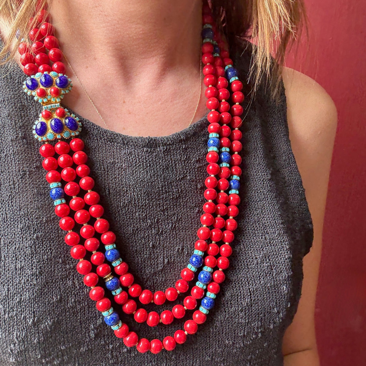 Cherry Red, Blue & Faux Turquoise Beads by deLillo