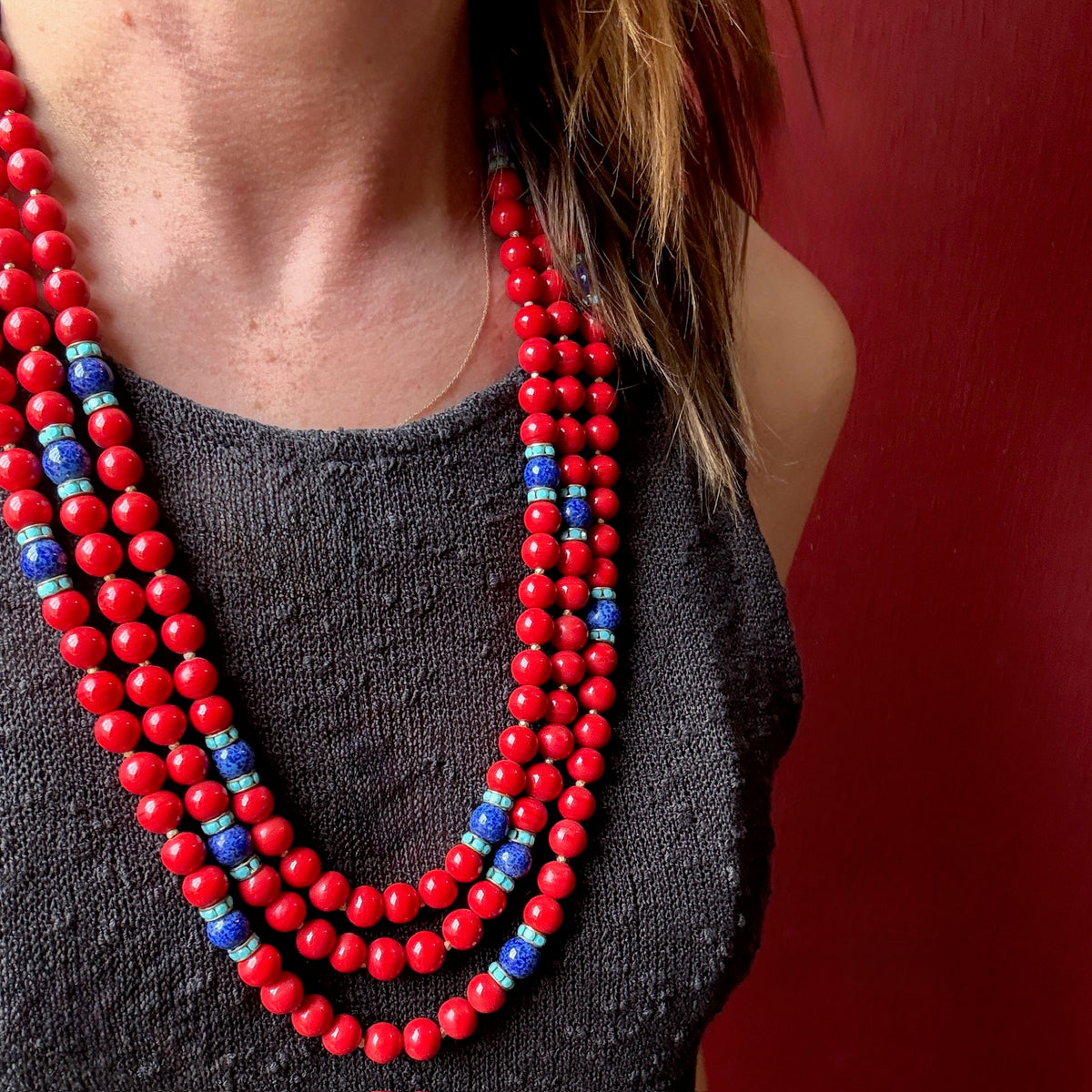 Cherry Red, Blue & Faux Turquoise Beads by deLillo