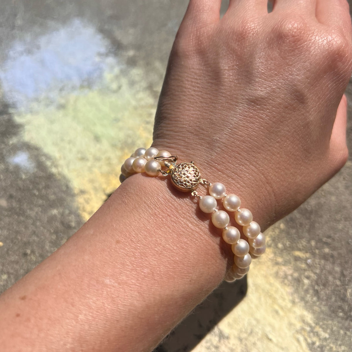 Two Strand Pearl Bracelet with Gold Filigree Clasp