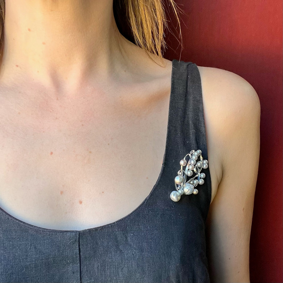 Ethereal Silver & Gray Pearl Brooch by Meijis