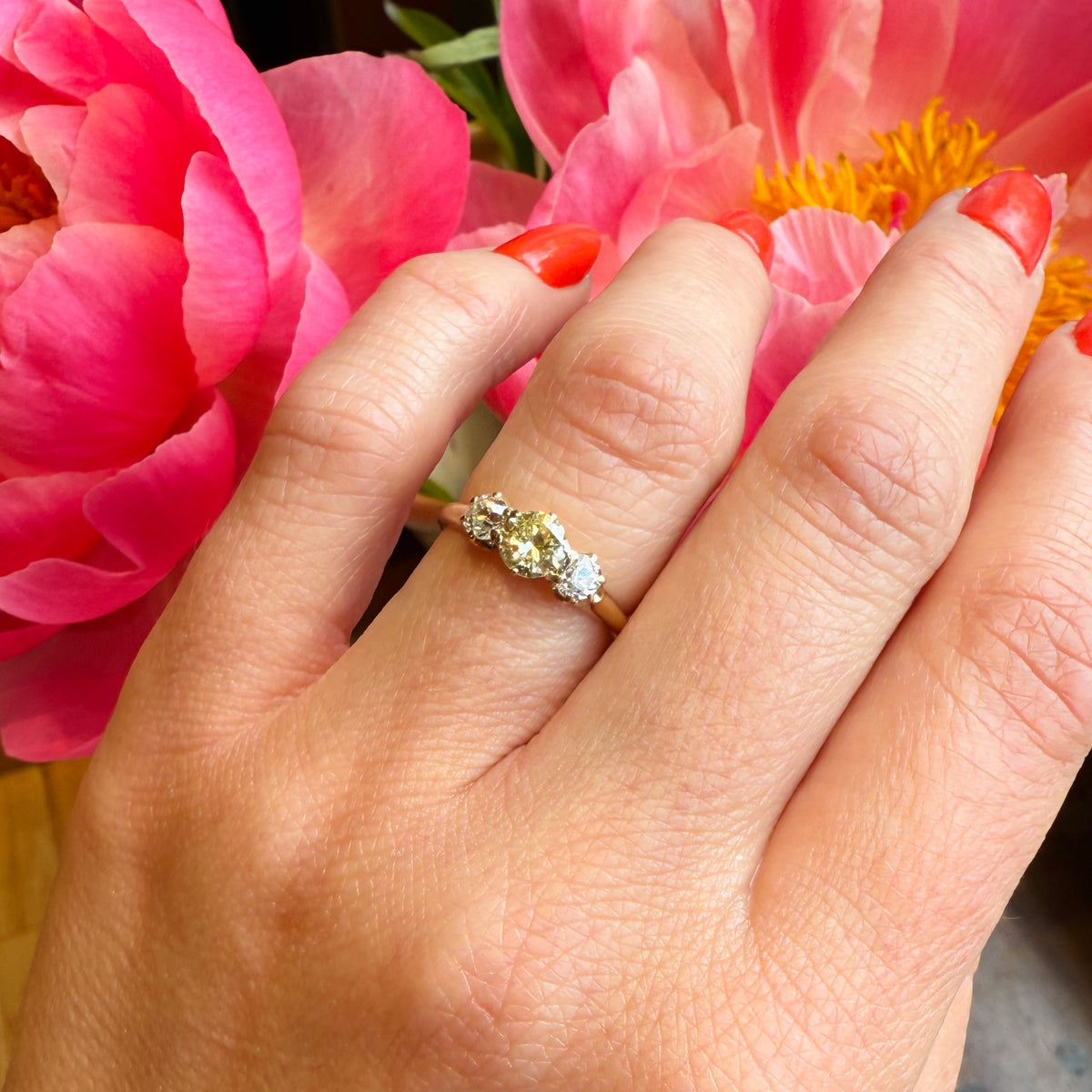 Edwardian Trilogy Ring with White & Yellow Diamonds