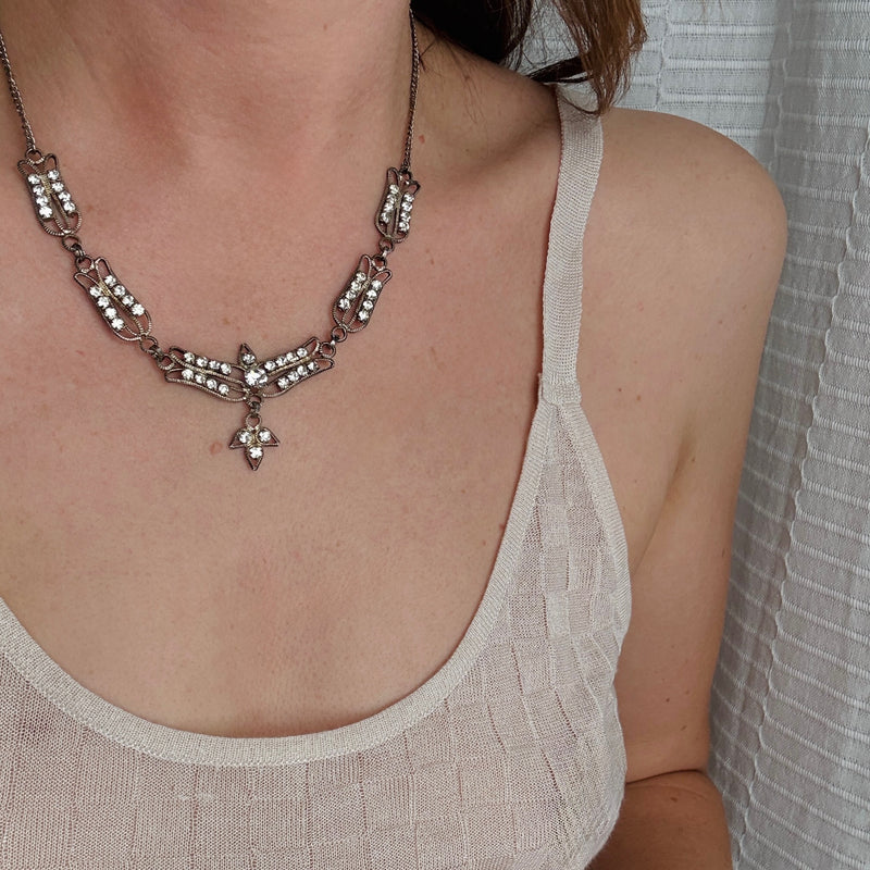 Delicate Art Deco Silver-Plate & Crystal Necklace