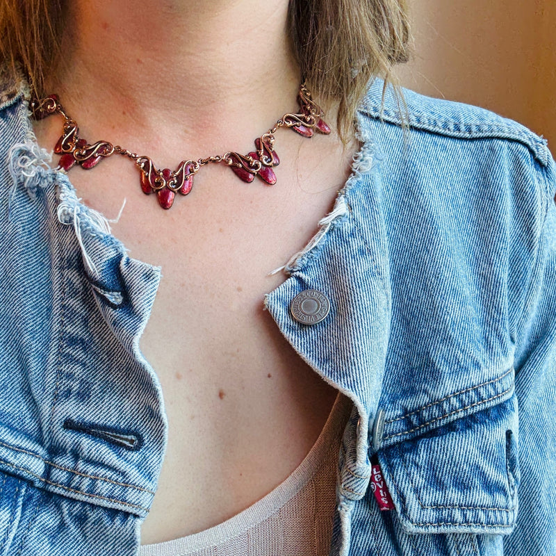 Surreal Copper & Red Enamel Matisse Necklace on Original Card
