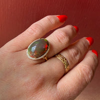 Fiery Brown Opal in 18k Gold Diamond Halo Ring