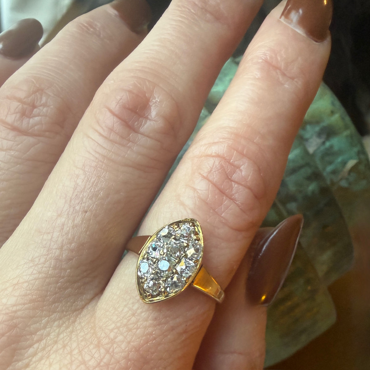 Charismatic Old Mine Cut Diamond Navette Cluster Ring