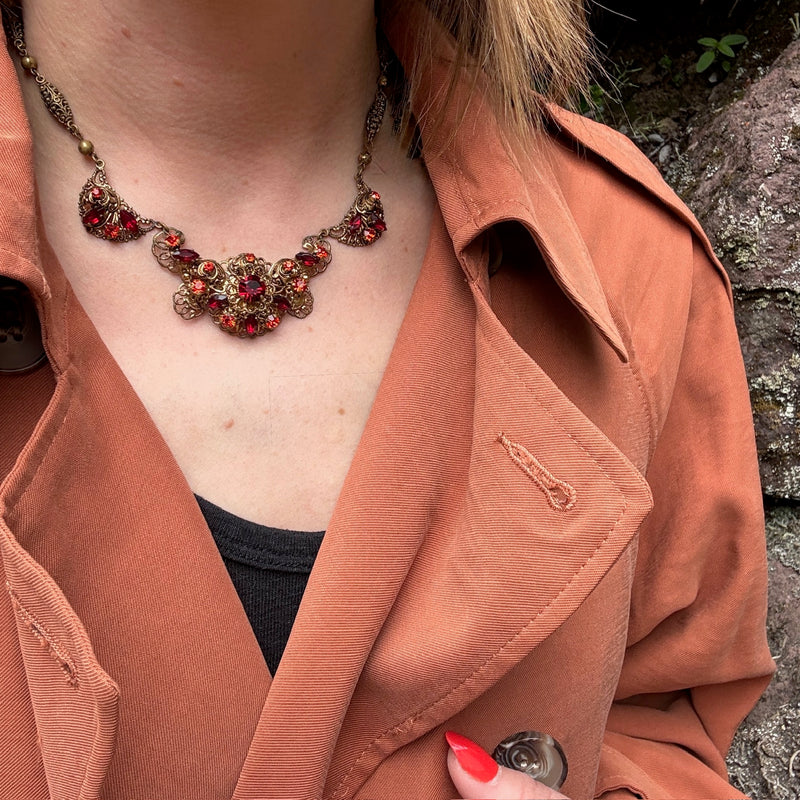 West German Filigree & Blood Orange Crystal Choker