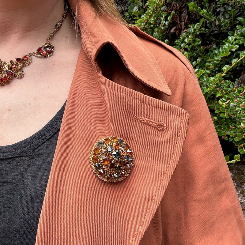 Decadent Gray & Amber-Colored Crystal Filigree Brooch