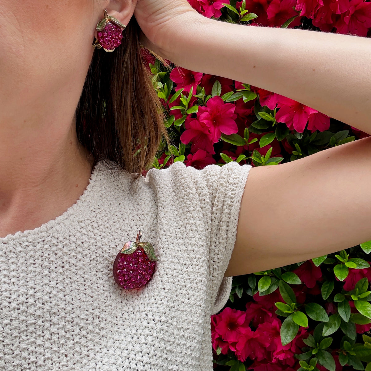 Forbidden Fruit Austrian Apple Brooch & Earring Set