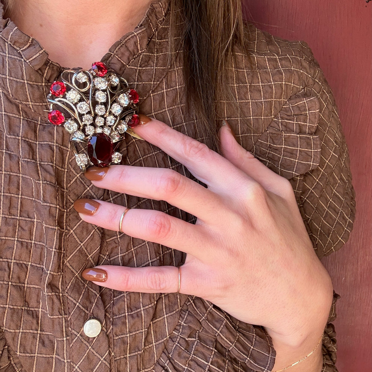 Elaborate Red & White Rhinestone Pendant Brooch