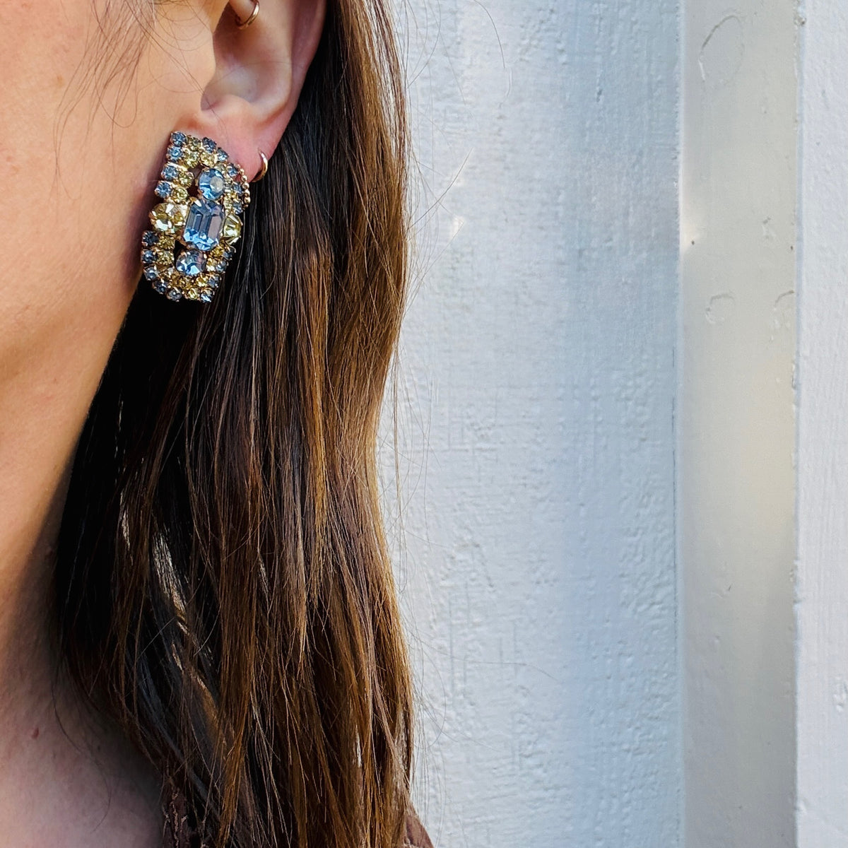 Fetching Blue & Yellow Rhinestone Hattie Carnegie Earrings