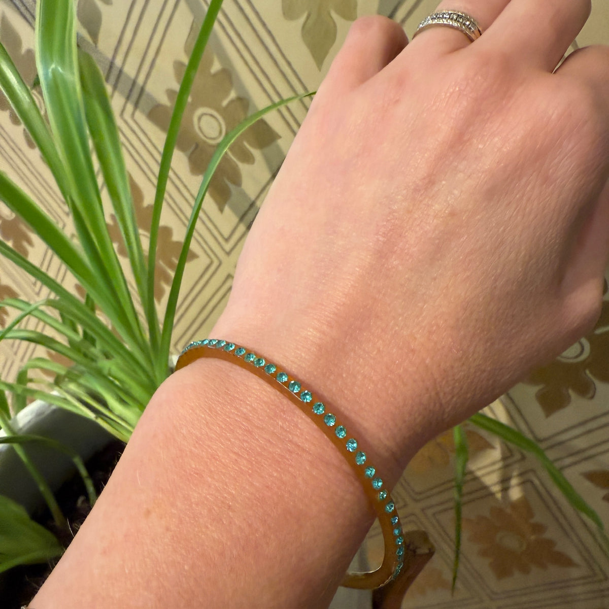 Amber Celluloid & Teal Rhinestone Jazz Age Bangle