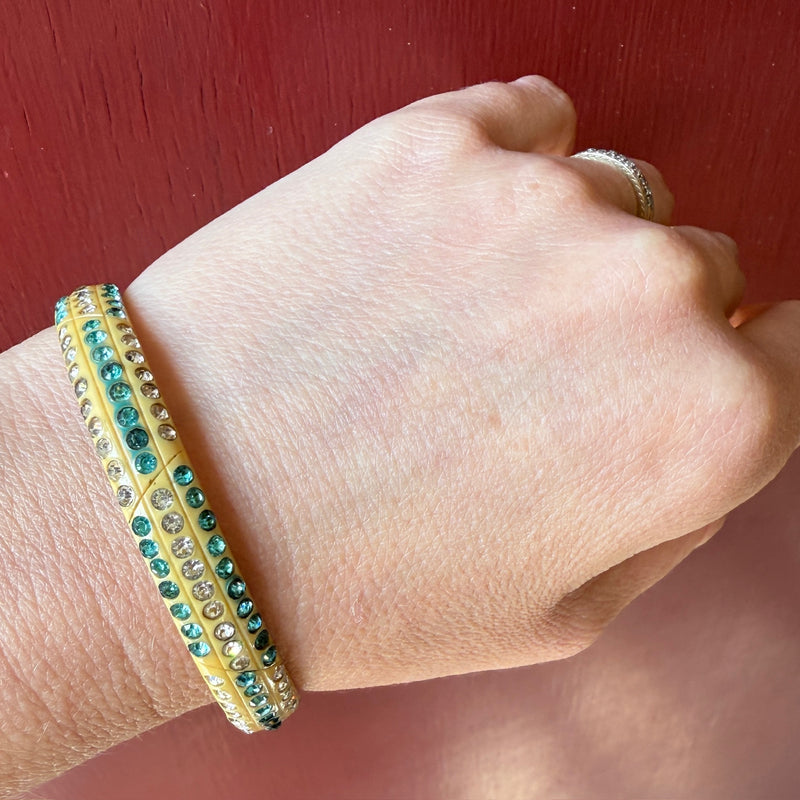 White & Aqua Rhinestones in Ivory-Colored Celluloid Bangle