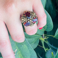 Cheerful Garnets & Daisies Cocktail Ring
