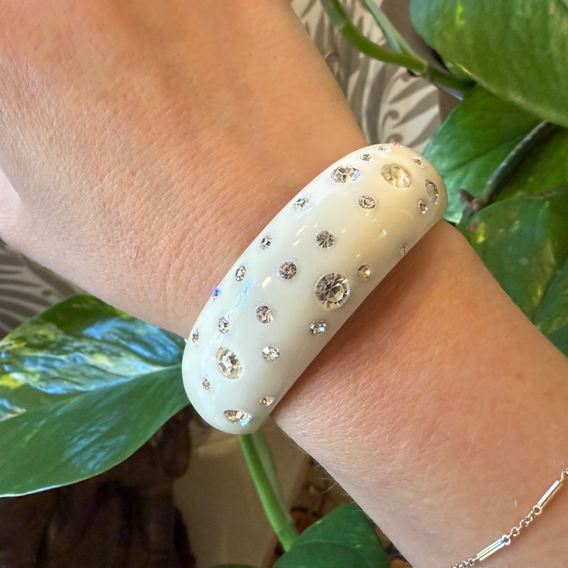 White Celluloid & Rhinestone Clamper Bracelet by Weiss