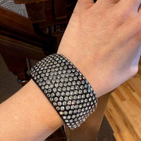 Wide Black Celluloid Clamper Bracelet with Rhinestones