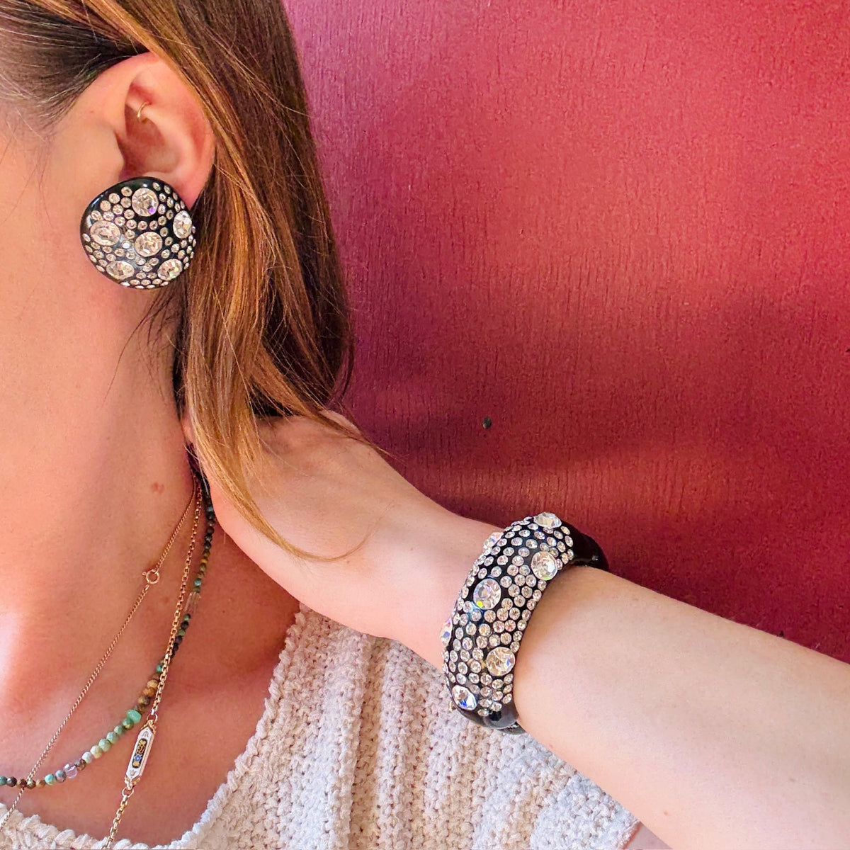 Graphic Black Celluloid & Rhinestone Clamper Bracelet & Earrings
