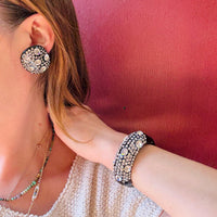 Graphic Black Celluloid & Rhinestone Clamper Bracelet & Earrings
