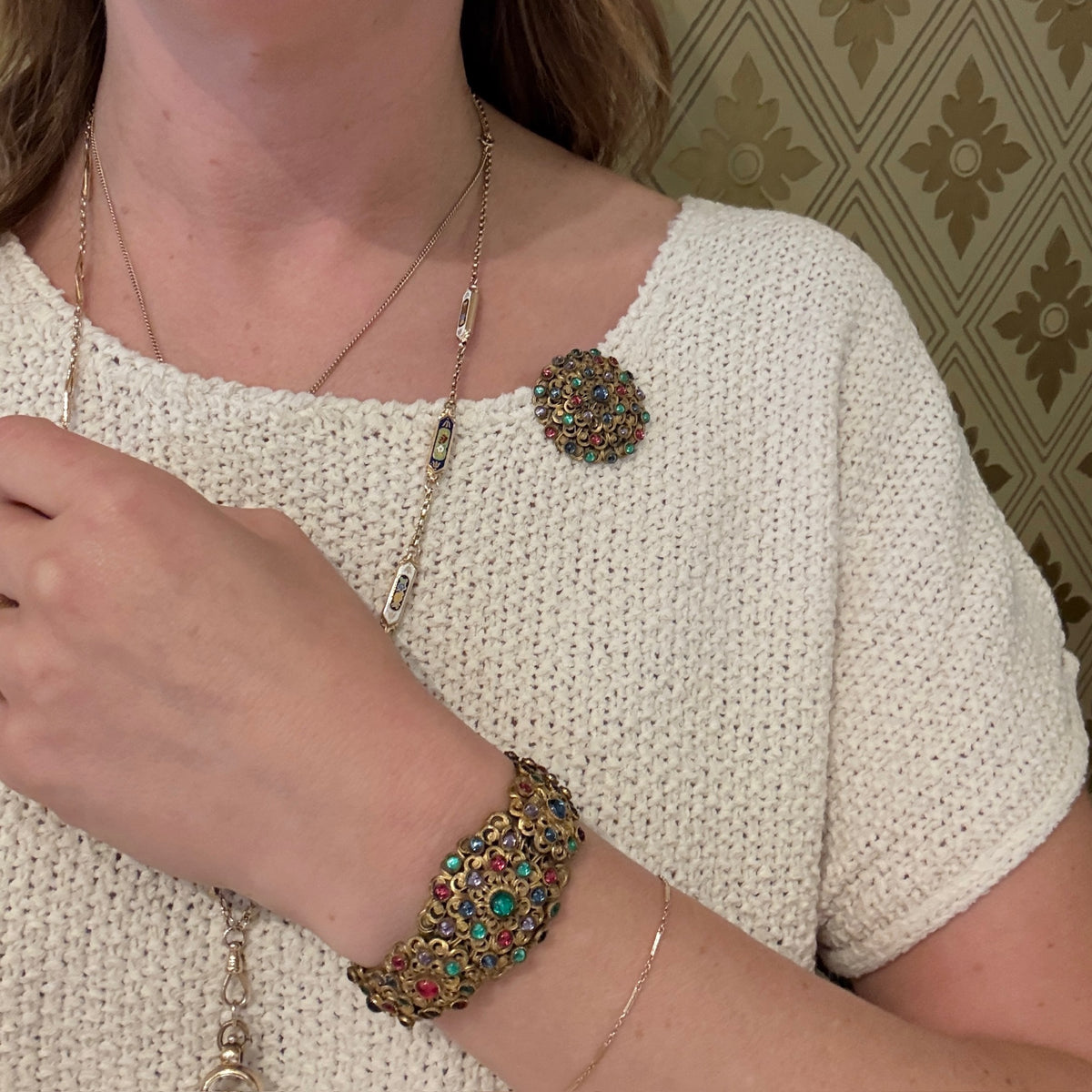 Ornate Brass Filigree & Glass Gem Cuff & Brooch Set