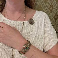 Ornate Brass Filigree & Glass Gem Cuff & Brooch Set