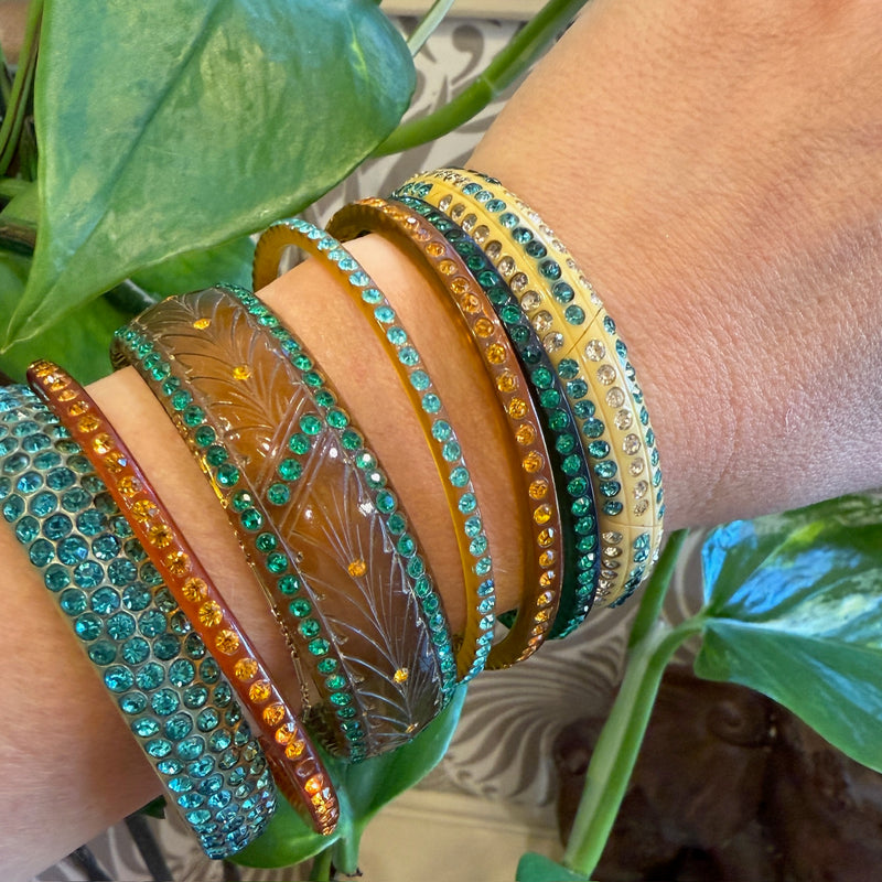 White & Aqua Rhinestones in Ivory-Colored Celluloid Bangle