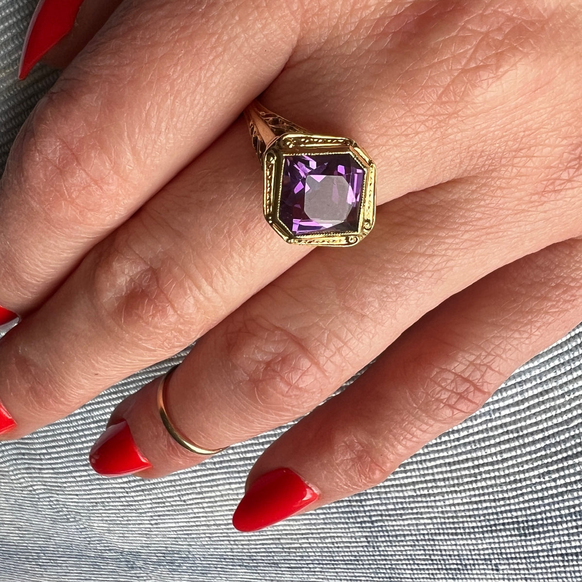 Unique Hand Cut Amethyst in Gold Filigree Ring
