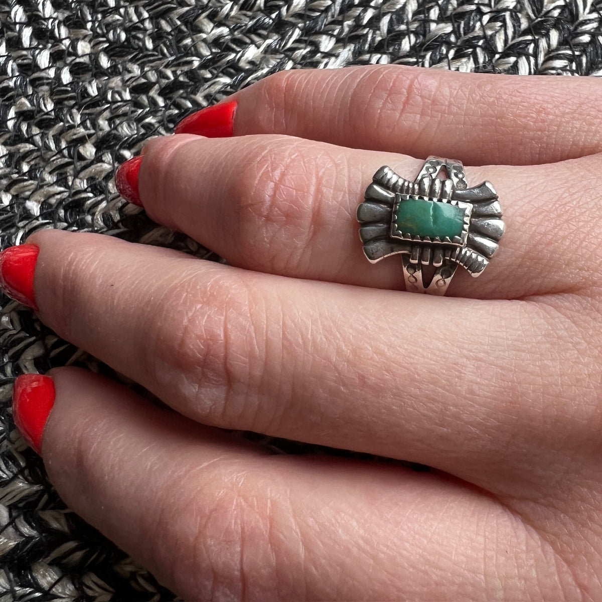 Rocker Stamp Turquoise & Coin Silver Ring