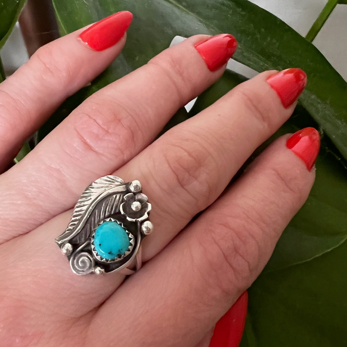 Turquoise Ring with Sterling Leaf & Flower